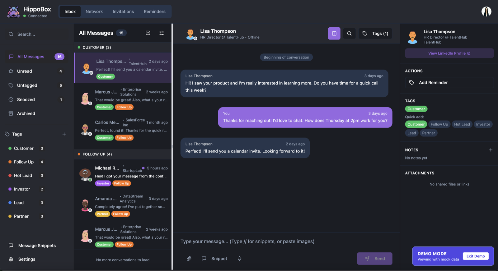 Actual HippoBox inbox interface with message list, active conversation, tags, reminders, snippets, and contact sidebar